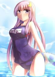  blush breasts caustics commentary_request covered_navel crescent crescent_hair_ornament day female hair_ornament hair_ribbon hand_on_thigh holding long_hair medium_breasts name_tag one-piece_swimsuit patchouli_knowledge purple_eyes purple_hair ram_hachimin ribbon school_swimsuit sky solo swimsuit touhou wading water 