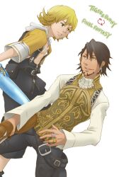  2boys bad_id bad_pixiv_id balthier balthier_(cosplay) barnaby_brooks_jr. blonde_hair brown_eyes brown_hair cosplay earrings facial_hair final_fantasy final_fantasy_x final_fantasy_xii green_eyes hirata_hiroaki jewelry kaburagi_t._kotetsu morita_masakazu multiple_boys parody pochika_s ring shorts stubble suspenders sword tidus tidus_(cosplay) tiger_&amp;_bunny vest voice_actor_connection weapon 