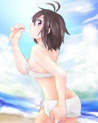  bare_shoulders bikini black_hair commentary_request eating female food from_behind idolmaster idolmaster_(classic) kikuchi_makoto looking_back meteors popsicle purple_eyes short_hair solo swimsuit white_bikini 