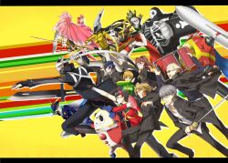  3boys 4girls amagi_yukiko bad_id bad_pixiv_id black_hair blonde_hair blue_hair cabbie_hat chair everyone folding_chair folding_fan glasses grey_hair gun hairband hanamura_yousuke hand_fan handgun hat heirou himiko_(persona_4) izanagi_(persona_4) jiraiya_(persona_4) katana kintoki-douji konohana_sakuya kujikawa_rise kuma_(persona_4) kunai letterboxed long_hair multiple_boys multiple_girls narukami_yuu persona persona_4 pointing satonaka_chie school_uniform shirogane_naoto short_hair sukuna-hikona_(persona_4) sunglasses sword take-mikazuchi tatsumi_kanji tomoe_(persona_4) weapon 