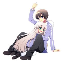  1boy ahoge arm_up blue_eyes blush_stickers brown_hair commentary_request female fork green_eyes grey_hair haiyore!_nyaruko-san heart heart_ahoge holding holding_fork hug huge_ahoge jacket kneeling long_hair nyarlathotep_(nyaruko-san) open_mouth pants photoshop_(medium) school_uniform shirt short_hair sitting skirt smile soranagi yasaka_mahiro 