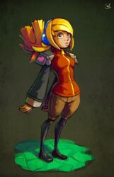  female hair_raising headphones heart joakim_sandberg pantyhose pantyhose_under_shorts pouty_lips robin_(the_iconoclasts) shorts skinny solo the_iconoclasts zipper 