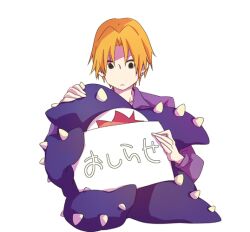  1boy bad_id bad_pixiv_id black_eyes earrings fate/zero fate_(series) jewelry male_focus monster orange_hair photoshop_(medium) shoggoth sign simple_background suzu_(nattu991) tentacle uryuu_ryuunosuke white_background 