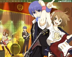  1boy aged_down commentary_request concert couple drum electric_guitar female gibson_les_paul guitar instrument kaito_(vocaloid) kanipanda meiko_(vocaloid) photoshop_(medium) pikachu pokemon pokemon_(creature) short_hair skirt straight thighhighs translated uniform vocaloid 