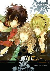  2boys amnesia_(idea_factory) bishounen black_hair blonde_hair braid brown_hair closed_eyes commentary_request female flower gloves group_picture heroine_(amnesia) jacket kankanrinrin multiple_boys photoshop_(medium) pink_flower pink_rose red_eyes rose shin_(amnesia) short_hair smile toma_(amnesia) yellow_eyes 