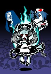  3girls bloody_marie_(skullgirls) blue_hair closed_eyes double_(skullgirls) gray_hair grey_hair hair_ornament maid multiple_girls nun nurse red_eyes skull_hair_ornament skullgirls sukaponta symbol-shaped_pupils thermometer thermostat valentine_(skullgirls) 