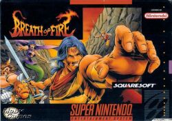  1990s_(style) 1boy 2girls blue_hair breath_of_fire breath_of_fire_i capcom cover deis english_text gilliam_(breath_of_fire_i) manillo multiple_girls nina_(breath_of_fire_i) nintendo official_art retro_artstyle ryuu_(breath_of_fire_i) sword video_game_cover watermark weapon wings 