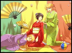  3girls america_(hetalia) axis_powers_hetalia bad_id bad_pixiv_id ball black_hair blonde_hair blue_eyes brown_eyes closed_eyes commentary_request earrings folding_fan genderswap_(mtf) glasses hair_ornament hand_fan japan_(hetalia) japanese_clothes jewelry kimono lap_pillow milcho multiple_girls rule_63 temari_ball twintails united_kingdom_(hetalia) yagasuri 