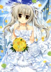  absurdres aquarian_age bare_shoulders bouquet breasts brown_eyes cleavage dress female flower fujima_takuya gloves grey_hair hair_ribbon highres long_hair looking_at_viewer ribbon scan small_breasts smile solo star_(symbol) strapless strapless_dress tiara twintails veil wedding_dress white_dress white_gloves 