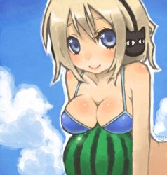  bad_id bad_pixiv_id bare_shoulders bikini blonde_hair blue_bikini blue_eyes blush breast_rest breasts cloud day female food fruit hairband looking_at_viewer medium_breasts miyamae_porin original short_hair sky smile solo star_(symbol) swimsuit watermelon 