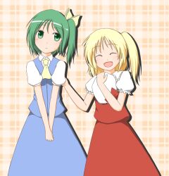  2girls :&lt; :d ^_^ ascot blonde_hair closed_eyes commentary_request daiyousei dress_shirt edamame_(barium) flandre_scarlet green_eyes green_hair hair_ribbon hat hat_on_chest multiple_girls no_wings oerba_yun_fang open_mouth ribbon shirt side_ponytail skirt skirt_set smile touhou unworn_hat unworn_headwear 