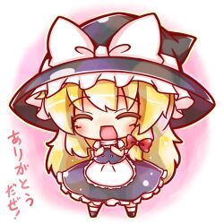  apron blonde_hair bow chibi closed_eyes commentary_request female hairbow hat hat_bow kirisame_marisa open_mouth ritateo smile solo standing touhou waist_apron white_bow ze_(phrase) 