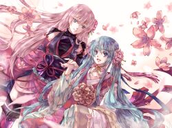  2girls aqua_hair bracelet commentary_request flower hair_flower hair_ornament hankillu hatsune_miku jewelry long_hair megurine_luka multiple_girls open_mouth pink_hair plum_blossoms thighhighs twintails very_long_hair vocaloid 