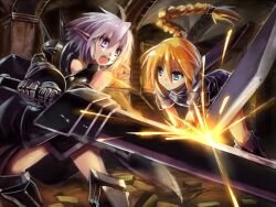  2girls :o armor artemisia_(pixiv_fantasia) bare_shoulders battle blonde_hair blue_eyes boots braid clash commentary_request duel edobox expressionless eye_contact gauntlets girl_with_a_blonde_braid_(tomoshibi_hidekazu) greaves hair_between_eyes holding holding_sword holding_weapon huge_weapon indoors leaning_forward light_purple_hair long_hair looking_at_another multiple_girls open_mouth pauldrons pixiv_fantasia pixiv_fantasia_2 pointy_ears purple_eyes short_hair short_sleeves shoulder_armor shoulder_spikes single_braid sparks spikes sword two-handed weapon 