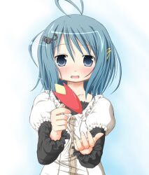  ahoge apple blue_eyes blue_hair blush casual commentary_request female food fruit hair_ornament hairclip looking_at_viewer mahou_shoujo_madoka_magica mahou_shoujo_madoka_magica_(anime) miki_sayaka musical_note open_mouth sakuraebi_chima short_hair solo 