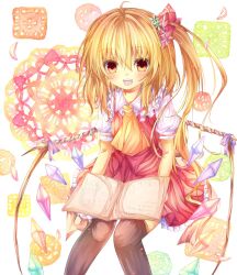  :d ascot blonde_hair book coa_(chroo_x) colorized commentary_request dress female flandre_scarlet highres holding nanase_nao no_headwear open_book open_mouth orange_eyes side_ponytail smile solo thighhighs touhou wings 