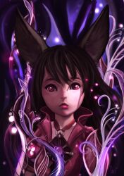  2012 animal_ears artist_request black_hair brown_hair elin female highres lips long_hair looking_at_viewer photoshop_(medium) plant red_eyes signature solo tera_online upper_body 