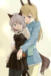  2girls animal_ears aqua_eyes belt belt_pouch blonde_hair bob_cut cat_ears cat_girl cat_tail commentary_request couple eila_ilmatar_juutilainen fox_ears fox_girl fox_tail grey_hair hand_on_another&#039;s_stomach highres holding_hands hug hug_from_behind long_hair looking_back multiple_girls munmun necktie pantyhose photoshop_(medium) pouch purple_eyes sanya_v._litvyak short_hair simple_background skirt smile strike_witches tail world_witches_series yuri 