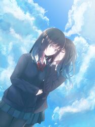  2girls bad_id bad_pixiv_id black_eyes black_hair blue_theme blush closed_eyes cloud comrade_stalin day dutch_angle highres multiple_girls open_mouth original pantyhose photoshop_(medium) school_uniform sky whispering yuri 