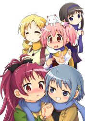  5girls :3 ^_^ akemi_homura animal animal_on_head belt black_hair blonde_hair blue_eyes blue_hair blush casual closed_eyes commentary_request drill_hair grin hair_ornament hair_ribbon hairband hairclip holding_hands interlocked_fingers jewelry kaname_madoka kyuubee long_hair mahou_shoujo_madoka_magica mahou_shoujo_madoka_magica_(anime) miki_sayaka multiple_girls necklace on_head open_mouth pantyhose pink_eyes pink_hair ponytail red_eyes red_hair ribbon ring sakura_kyoko scarf shared_clothes shared_scarf short_hair short_twintails skirt smile tomoe_mami twintails vest winter_clothes yuuki_akira 