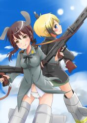  2girls animal_ears blonde_hair blue_eyes blush brown_eyes brown_hair cloud commentary_request day dog_ears dog_girl erica_hartmann extra_ears flying gertrud_barkhorn gun hair_ribbon kiichi_(picchi0112) lens_flare military military_uniform multiple_girls no_pants panties ribbon short_twintails sky smile strike_witches striker_unit twintails underwear uniform weapon world_witches_series 