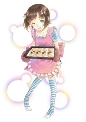  ;d amami_haruka apron baking_sheet brown_hair checkerboard_cookie commentary_request cookie female food green_eyes hair_ribbon idolmaster idolmaster_(classic) one_eye_closed open_mouth oven_mitts ribbon smile solo striped_clothes striped_thighhighs t-okada thighhighs tray 