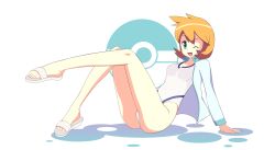  :d blue_eyes breasts commentary_request competition_swimsuit female flipped_hair jacket kasumi_(pokemon) leg_up one-piece_swimsuit one_eye_closed open_mouth orange_hair photoshop_(medium) poke_ball_symbol pokemon pokemon_hgss sandals short_hair simple_background sitting small_breasts smile solo southern-panda swimsuit vivivoovoo white_background 