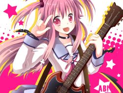  :d \m/ angel_beats! bad_id bad_pixiv_id chains commentary_request electric_guitar female guitar instrument kureno oerba_yun_fang open_mouth pink_eyes pink_hair school_uniform serafuku shinda_sekai_sensen_uniform smile solo two_side_up yui_(angel_beats!) 