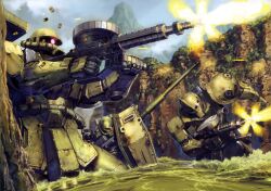  artist_request battle firing glowing glowing_eyes gun gundam gundam_08th_ms_team highres machine_gun mecha mountain no_humans robot shell_casing shield war water weapon zaku zaku_i zaku_ii_f/j 