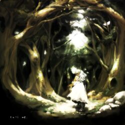  1boy armor blonde_hair commentary_request dress female forest long_hair nature original pauldrons photoshop_(medium) princess rock shoulder_armor sunlight teko_(tawake) tree 