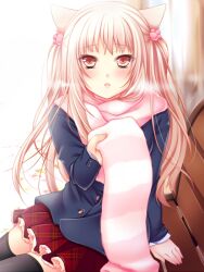  animal_ears bench black_thighhighs blonde_hair blush breath cat_ears cocoa_(cafe-hotcocoa) commentary_request female looking_at_viewer open_mouth orange_eyes original paw_ornament pink_scarf scarf shino_(endyy) sitting skirt solo striped_clothes striped_scarf thighhighs twintails 