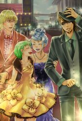  2boys 2girls bare_shoulders barnaby_brooks_jr. blonde_hair blue_eyes blue_flower blue_hair blue_rose bow bowtie brown_eyes brown_hair commentary_request dress flower formal glasses green_eyes green_hair hair_flower hair_ornament hat huang_baoling jewelry kaburagi_t._kotetsu karina_lyle lipstick makeup mask multiple_boys multiple_girls necktie red_carpet ring rose short_hair suit tiger_&amp;_bunny traditional_bowtie unbrfjsn wedding_ring 