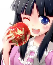  apple black_hair blue_eyes commentary_request female food food_art fruit houraisan_kaguya long_hair looking_at_viewer morioka_itari one_eye_closed open_mouth recursion simple_background smile solo touhou white_background 