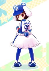  baseball_uniform blush brown_hair commentary_request contemporary female hat inaba_tewi looking_at_viewer mascot morioka_itari rabbit_tail red_eyes short_hair solo sportswear tail touhou 