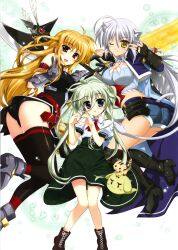  3girls absurdres animal_ears ass asteion bardiche_(nanoha) bardiche_(zanber_form)_(nanoha) breasts company_connection crossover dog_days einhard_stratos fate_testarossa fate_testarossa_(true_sonic_form) flat_chest fujima_takuya heart heart_hands highres large_breasts leonmitchelli_galette_des_rois lion_ears lyrical_nanoha mahou_shoujo_lyrical_nanoha_vivid multiple_girls official_art scan tail thighhighs 