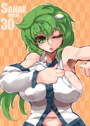  ;o armpits bad_id bad_pixiv_id bare_shoulders breasts character_name detached_sleeves dressing female frog_hair_ornament green_eyes green_hair hair_ornament highres himuro_shunsuke huge_breasts kochiya_sanae long_hair navel one_eye_closed sideboob solo touhou upper_body yagasuri 