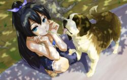  animal black_hair blue_eyes breasts canine commentary_request earrings female food ganaha_hibiki hair_ribbon highres idolmaster idolmaster_(classic) inumi jewelry long_hair photoshop_(medium) pocky ponytail ribbon sandals small_breasts solo st_bernard tsukikase 