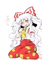  ascot blush bow commentary_request danna_(karatekikku) female fingers_together fujiwara_no_mokou hairbow index_fingers_together long_hair messy_hair red_eyes simple_background sitting solo suspenders touhou very_long_hair wariza white_hair 