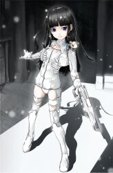  animal animal_on_shoulder black_hair blue_eyes boots closed_mouth commentary_request cropped_jacket female gloves gun handgun holding holding_gun holding_weapon jacket kurono_(kurono) left-handed legs_apart long_hair mardock_scramble mouse_(animal) oeufcoque rune_balot shadow solo standing thigh_boots thighhighs weapon white_gloves white_theme 