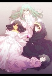  1boy 3girls androgynous bad_id bad_pixiv_id bare_shoulders brown_eyes brown_hair cloak cup dress drinking_glass elbow_gloves enkidu_(fate) fate/strange_fake fate_(series) gloves green_hair grey_eyes highres hood kuruoka_tsubaki letterboxed light_green_hair long_hair matsuzono multiple_girls no_name_assassin_(fate) photoshop_(medium) robe tine_chelc wine_glass 