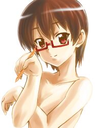  bad_id bad_pixiv_id breast_hold breasts brown_hair cleavage completely_nude covering_privates female glasses k-on! light_smile manabe_nodoka mechanical_pencil mikage_nao nude pencil red-framed_eyewear red_eyes short_hair small_breasts solo upper_body 