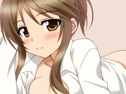  blush breasts brown_eyes brown_hair cleavage commentary_request female idolmaster idolmaster_cinderella_girls long_hair medium_breasts smile solo takamori_aiko uraichishi 