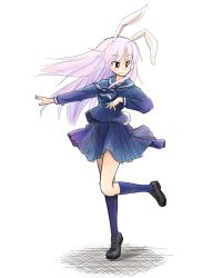  alternate_costume animal_ears blush commentary_request contemporary female long_hair morioka_itari purple_hair rabbit_ears rabbit_girl rabbit_tail red_eyes reisen_udongein_inaba school_uniform serafuku simple_background skirt smile solo tail touhou very_long_hair white_background 