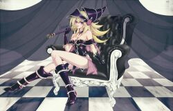  artist_name blush breasts chair checkered_floor cleavage commentary_request duel_monster female hat inenari magi_magi_magician_gal medium_breasts sitting smile solo staff weapon wizard_hat yu-gi-oh! yu-gi-oh!_zexal 