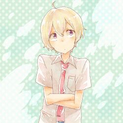  1boy ahoge blonde_hair commentary_request crossed_arms haru_(tsuritama) male_focus miso_(mimimiso) necktie purple_eyes school_uniform solo tsuritama 