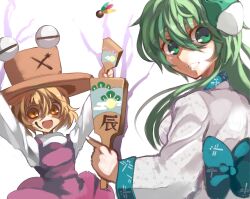  2girls :d absurdres bad_id bad_pixiv_id brown_eyes brown_hair dress frog_hair_ornament green_eyes green_hair grin hair_ornament hat highres himuro_shunsuke holding kochiya_sanae long_hair looking_at_viewer moriya_suwako multiple_girls open_mouth outstretched_arms paddle pyonta smile touhou 