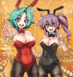  2girls animal_ears blue_eyes borrowed_character bow bowtie breasts cleavage commentary_request detached_collar foreshortening green_eyes green_hair inubouzaki_ayako large_breasts long_hair multiple_girls original pantyhose playboy_bunny purple_hair rabbit_ears short_hair side_ponytail taishi_(picchiridou) umizakura_tachimi v wrist_cuffs 