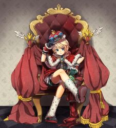  absurdres aqua_eyes bad_id bad_pixiv_id blonde_hair capelet copyright_request crown female fur_trim gloves green_eyes highres limble lolicon photoshop_(medium) short_hair sitting solo throne 