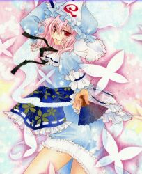  aoi_yuuka_(ao_no_kokoro) bug butterfly commentary_request female folding_fan hand_fan hat marker_(medium) pink_hair red_eyes saigyouji_yuyuko short_hair smile solo touhou traditional_media 