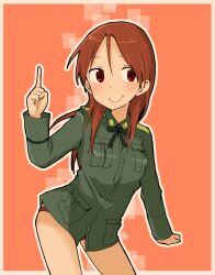  bad_id bad_pixiv_id border bow bowtie female index_finger_raised kumichou_(kumichoubox) long_hair military military_uniform minna-dietlinde_wilcke no_pants orange_background pointing red_eyes red_hair simple_background smile solo strike_witches uniform world_witches_series 